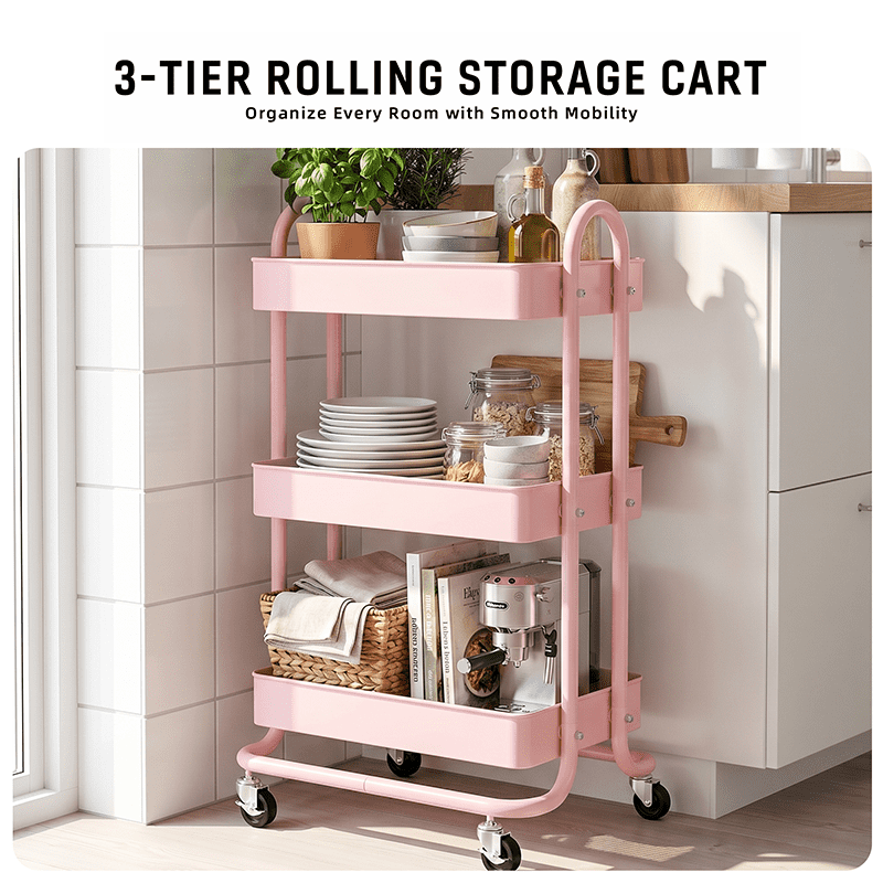 Fenbeli 3-Tier Metal Rolling Utility Cart with Wheels, pink, 18"L x 13.4"W x 31"H