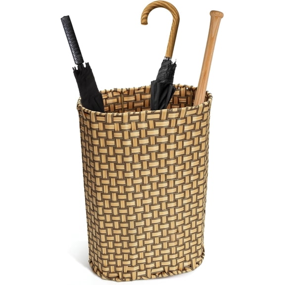 Umbrella Holder Entryway Umbrella Stand Indoor Entryway 6.7x17.3 Wicker Umbrella Bucket Basket Narrow Tall Umbrella Storage Bin Woven Faux Rattan Cane Holder Stands (Brown & Natural)