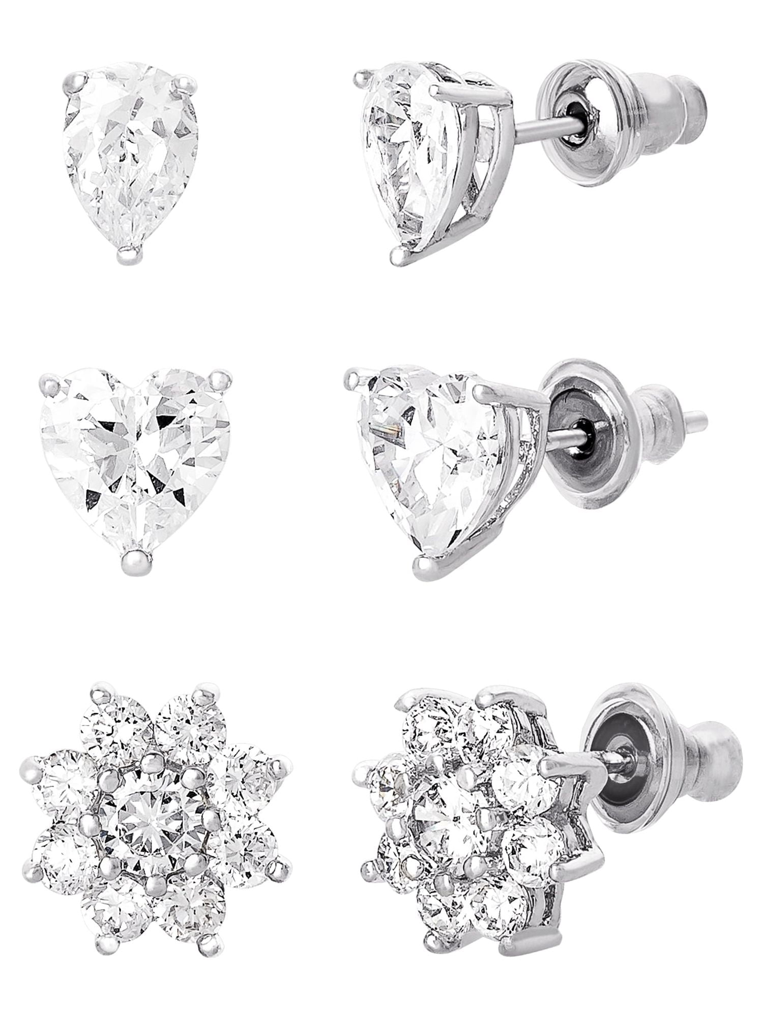 Believe by Brilliance Women's Sterling Silver and Cubic Zirconia Multi Shape Stud Earrings, Set of 3