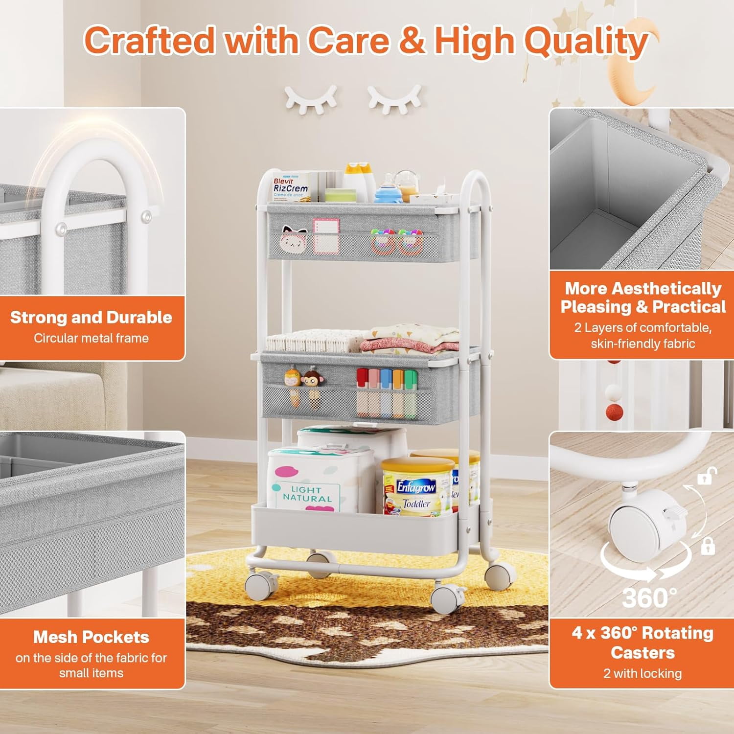 Baby Diaper Caddy Organizer Cart - 3 Tier Rolling Storage with Wheels, Nursery Essentials for Crib Bedroom Art Craft Light Gray