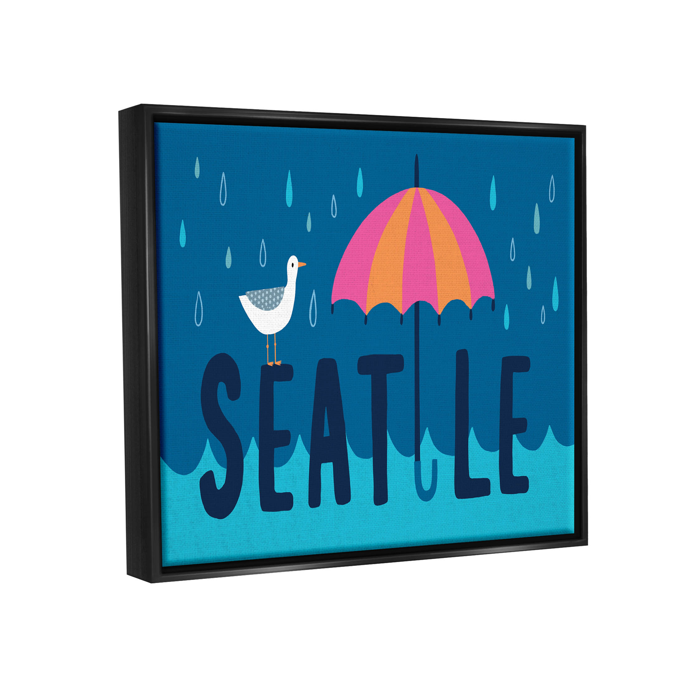 Seattle Raindrops Falling Seagull Animals & Insects Graphic Art Jet Black Framed Art Print Wall Art