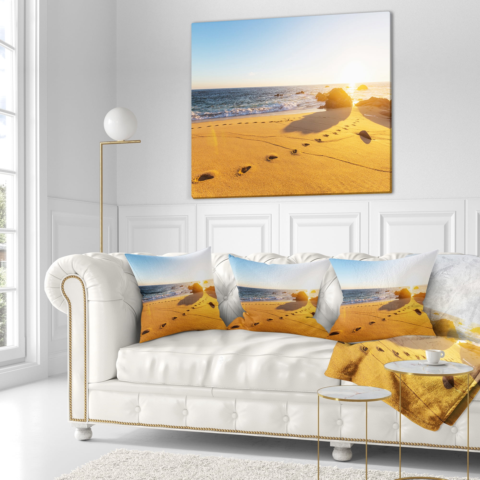 Designart Large Footprints on Beach Sand - Modern Beach Throw Pillow - 18x18