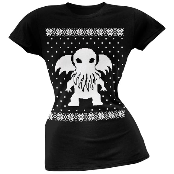 Big Cthulhu Ugly Christmas Sweater Black Soft Juniors T-Shirt - Large