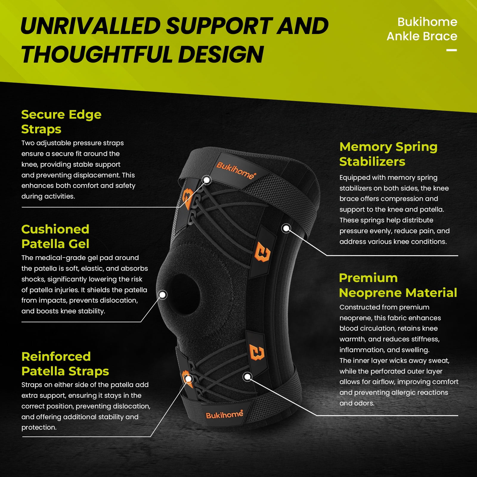 Bukihome Knee Brace Support with Gel Pads & Side Stabilizers, Adjustable Compression for Pain Relief, Meniscus Tear, Arthritis, ACL, MCL. Ideal for Running, Working Out, Sports (Large)