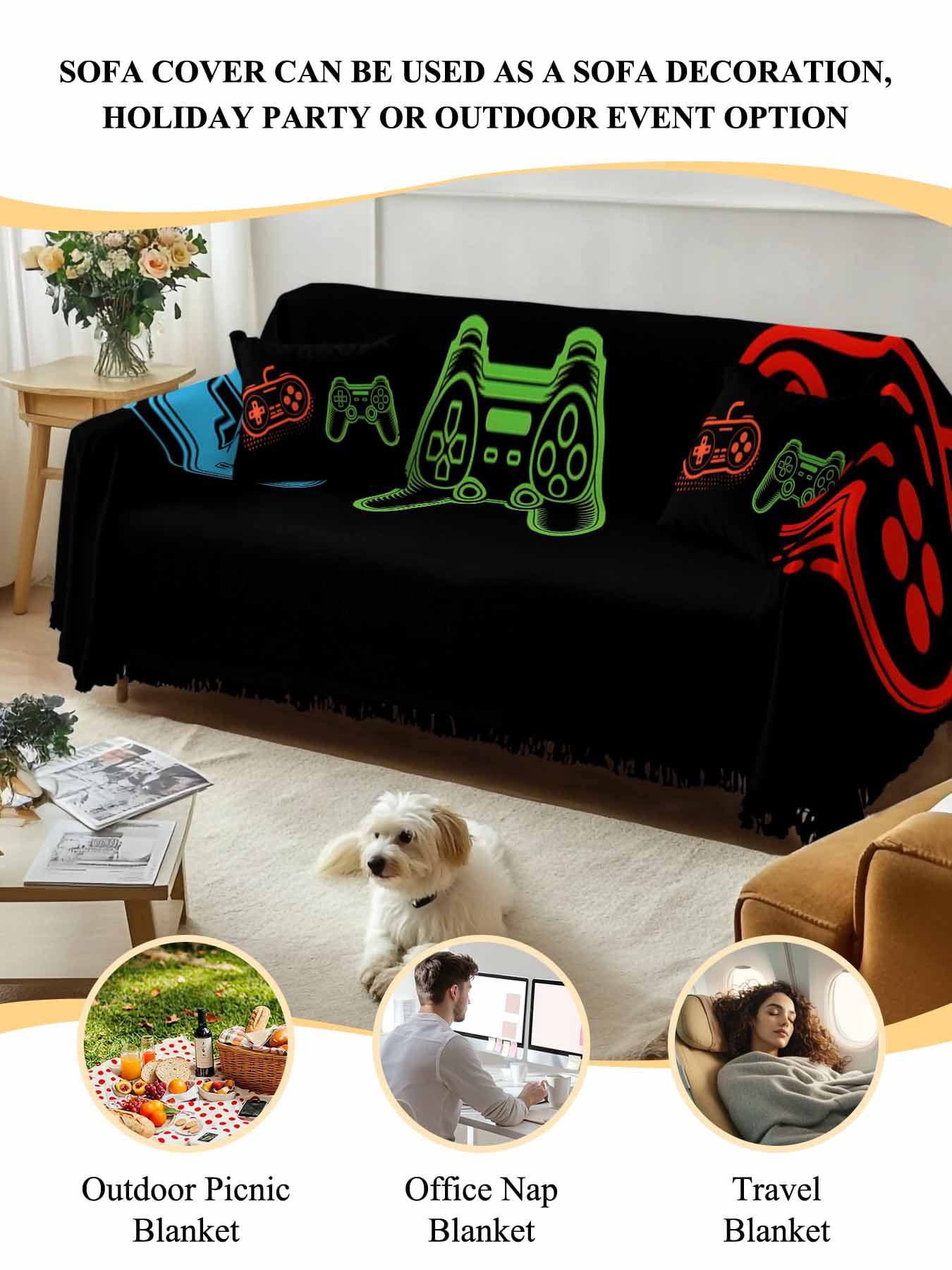 Game Controller Couch Cover, Modern Art Gaming Handheld Black Sofa Cover Blanket for Loveseat Couches, Sectional Sofa Slipcover Furniture Protector for Living Room Bedroom 71''x118''