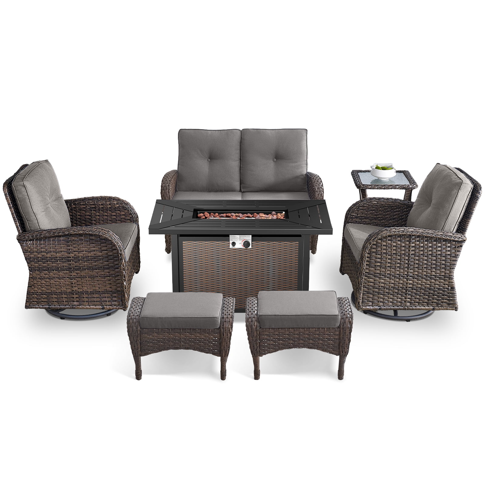 POCASSY 7 Pieces Fire Pit Table Set Patio Furniture with Glider Loveseat, All Weather Outdoor Conversation Set with Cushioned Patio Loveseat and Patio Swivel Chairs, Brown Wicker Gray Cushion