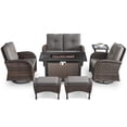 thumbnail image 3 of POCASSY 7 Pieces Fire Pit Table Set Patio Furniture with Glider Loveseat, All Weather Outdoor Conversation Set with Cushioned Patio Loveseat and Patio Swivel Chairs, Brown Wicker Gray Cushion, 3 of 18