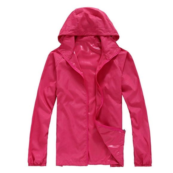 HANXIULIN Women Solid Rain Jacket Outdoor Plus Size Hooded Windproof Loose Coat Water Proof Raglan Storage Bag Hot Pink S