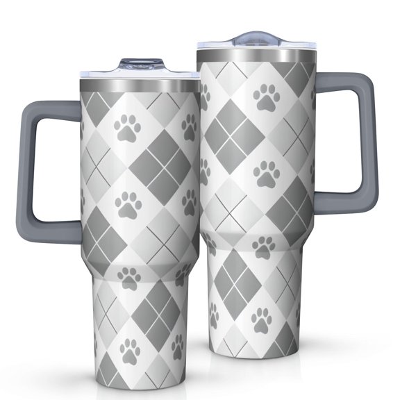 OBREWU Pawprints Argyle Tumbler with Handle and Lid,Pawprints Argyle 40oz Double Wall Vacuum Insulated Tumbler,Cups Gift for Women and Men