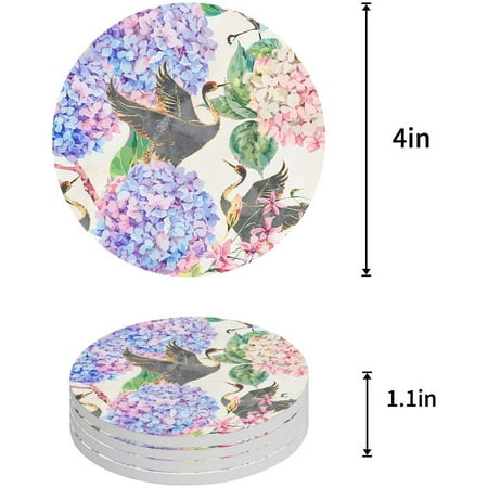 

FMSHPON Hydrangea and Crane Watercolor Style Set of 8 Round Coaster for Drinks Absorbent Ceramic Stone Coasters Cup Mat with Cork Base for Home Kitchen Room Coffee Table Bar Decor
