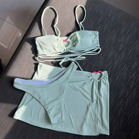 WMTBSRSW Women s Triangle Bikini Sets Ribbed Lace Up Three Piece Swimsuit Suspender Push Up Bra Cheeky Thong with High Waisted Boy Short