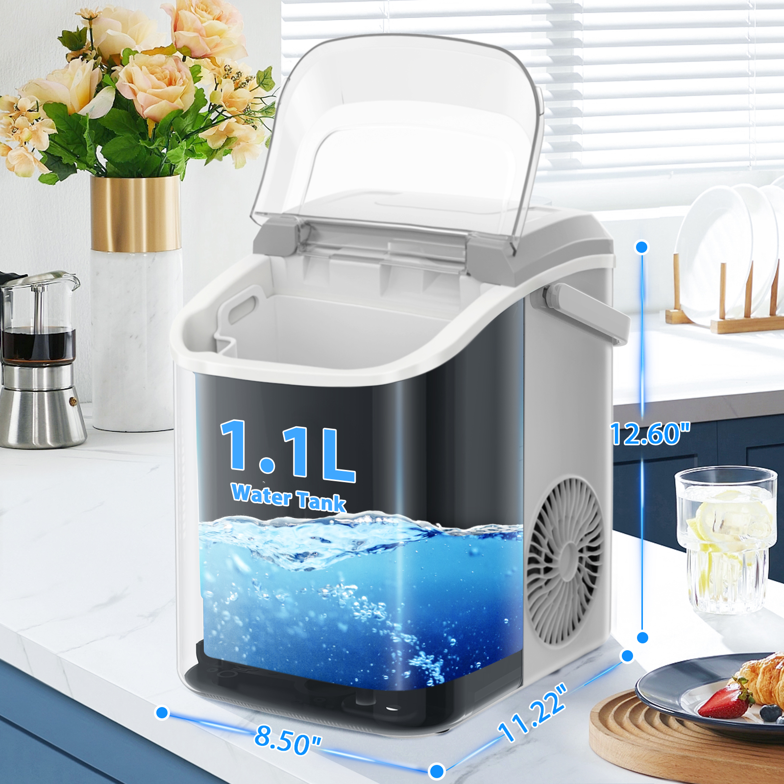 FREE VILLAGE Nugget Ice Maker Countertop Ready in 7 Mins,33lbs/24H Chewable Pellet Ice Machine with Self-Cleanin Function,Portable Ice Makers with Ice Scoop & Basket for Home Kitchen Office,Steel