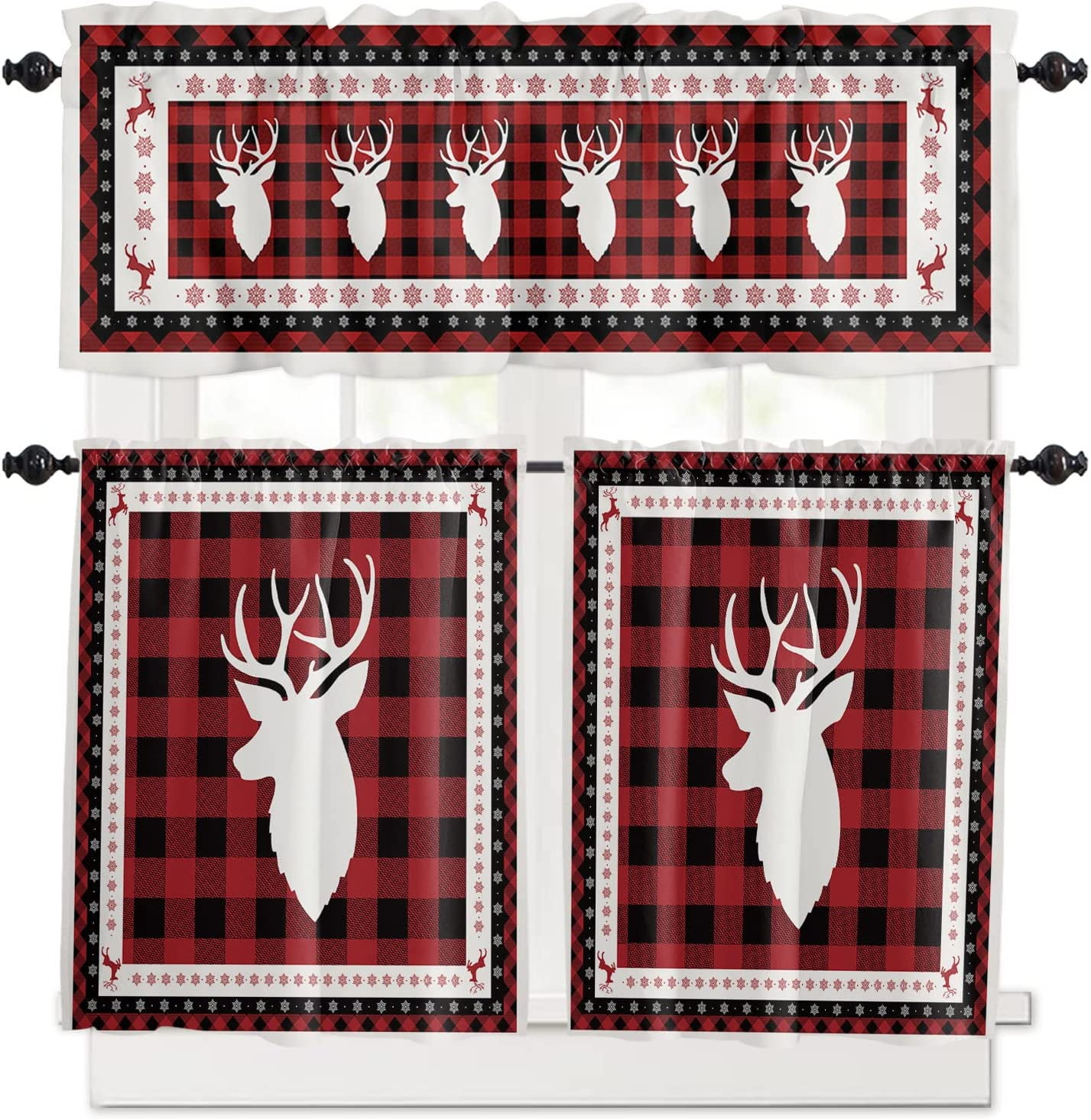 Christmas Kitchen Curtains and Valances Set, Deer Elk Snowflakes
