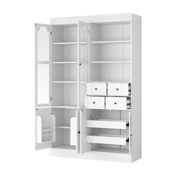 Freestanding Buffet with Hutch Tall Kitchen Pantry Cabinet with Drawers Glass Doors Pull Out Trays for Dining Room Living Room Storage Organizer White Shaker Style
