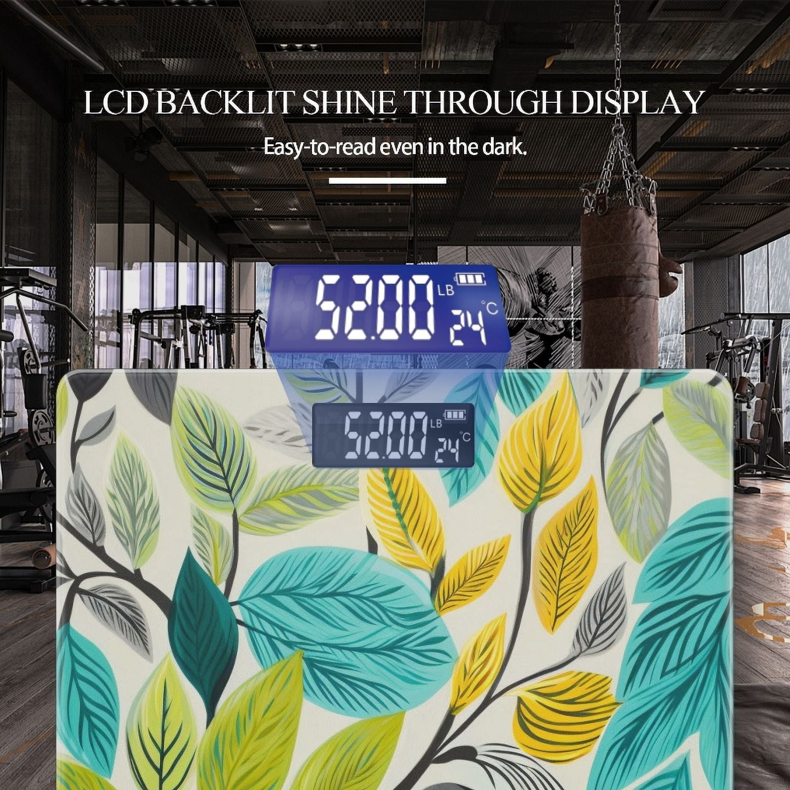 Bathroom Scale, Highly Accurate Digital Body Scale,Precisely Measures Weight up to 400 lbs-Leaves And Branches In Teal On White Background