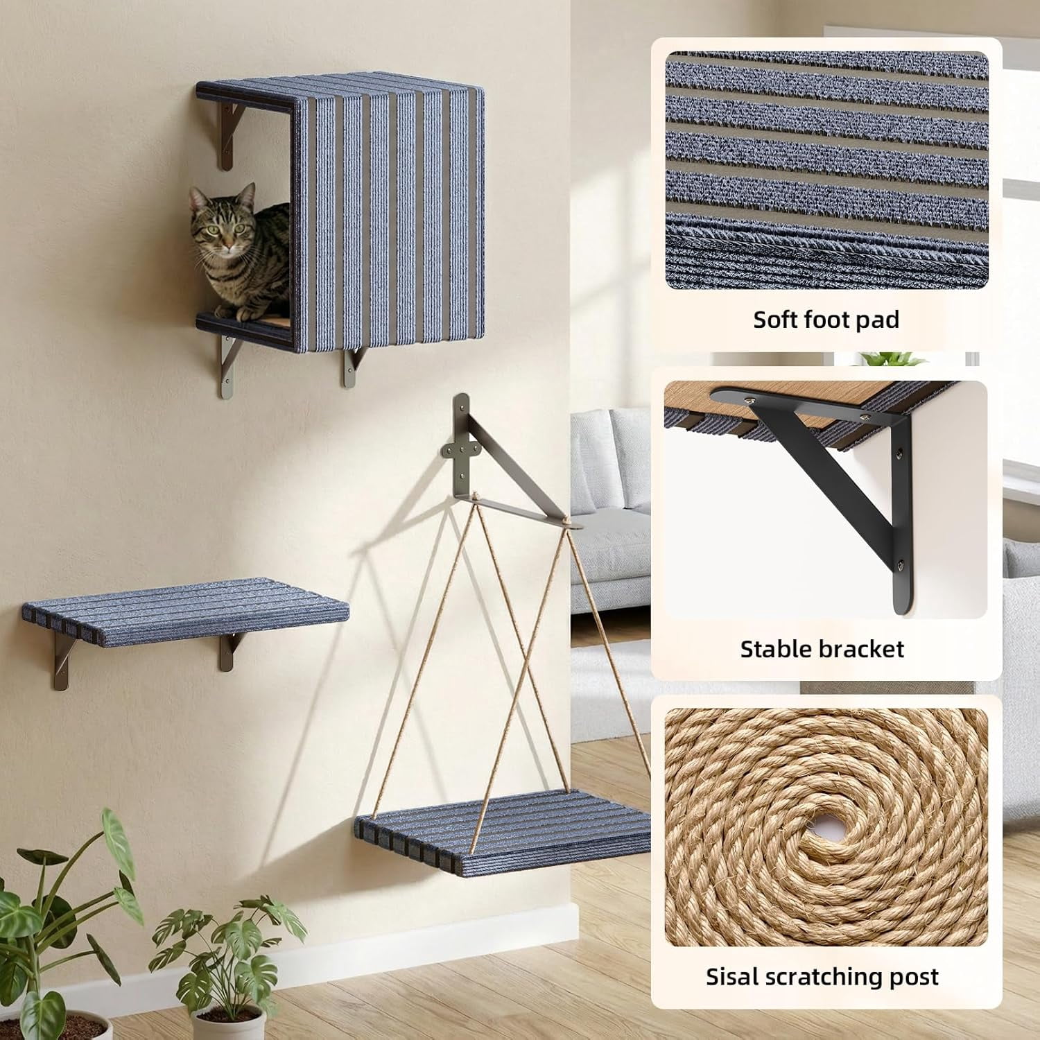 5-in-1 Cat Wall Shelves Set, Premium Solid Wood for Stable & Safe, Space Saving Wall Mounted Cat Perch & Steps for Indoor Cats, Modern Wood Cat Walkway, with Interactive Cat Swing