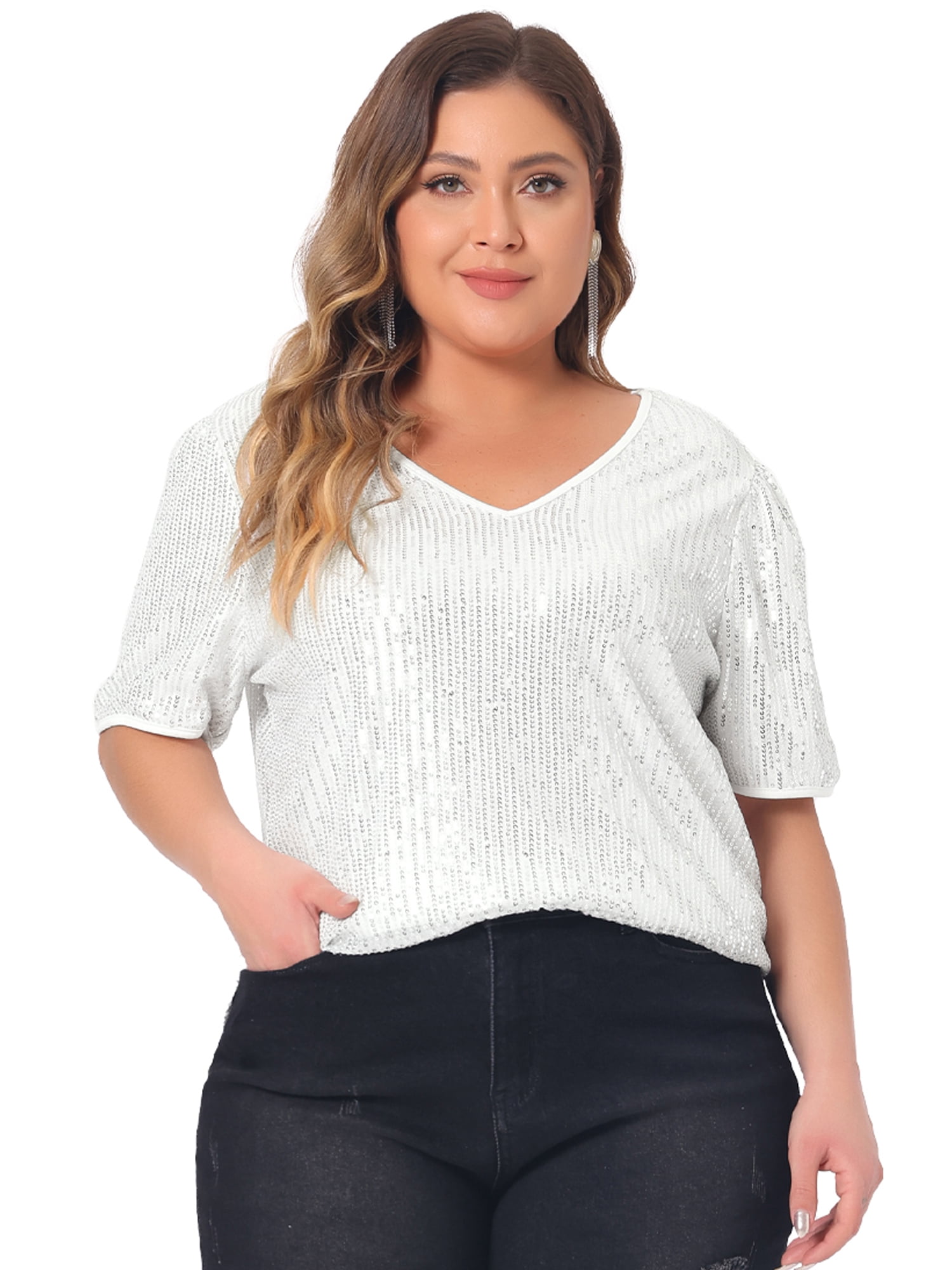 DARING DIVA Women's Plus Sparkly V Neck Short Sleeve Party Tops Blouses 3X Silver