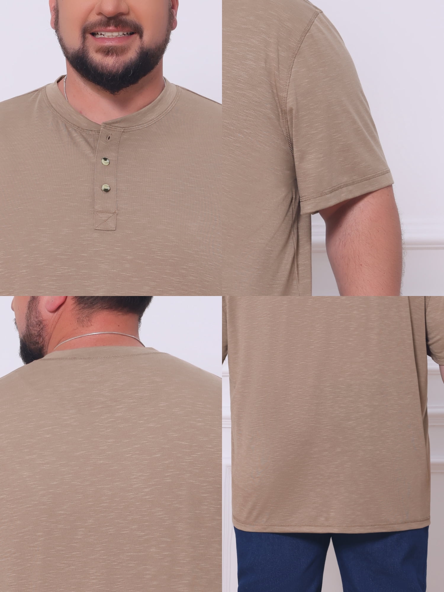 DARING DIVA Men's Big Tall Henley Shirts Button Down Short Sleeve T-Shirt 5XL Light Brown