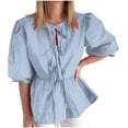 thumbnail image 2 of Women Y2K Puff Short Sleeve Peplum Shirts Tie Front Ruffle Hem Babydoll Blouse Tops Teen Girls Lace up Cute Summer Tops, Limited Time Offer, Under 10 Dollars, 2 of 6