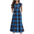 thumbnail image 2 of Maxi Dresses for Girls with Pockets Size 6-12 Kids Trendy Ruffle Short Sleeve Crewneck Plaid Printed Pullover Vacation Long Dress, 2 of 7