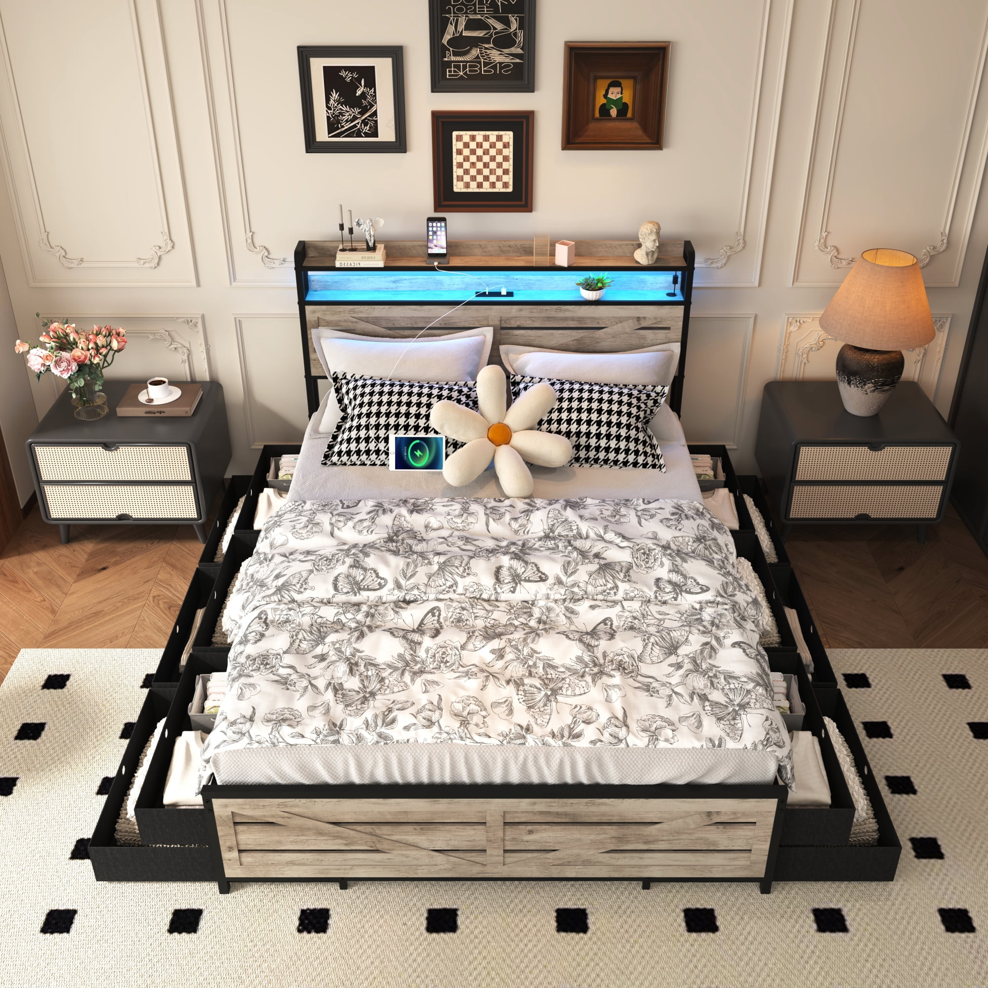 Leumius Full Size Bed Frame with 12 Drawers and LED Lights,Metal Platform Bed with Stroage Shlef,Gray