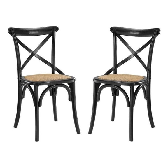Home Square 2 Piece Wood Frame/Rattan Seat Dining Chair Set in Black/Natural