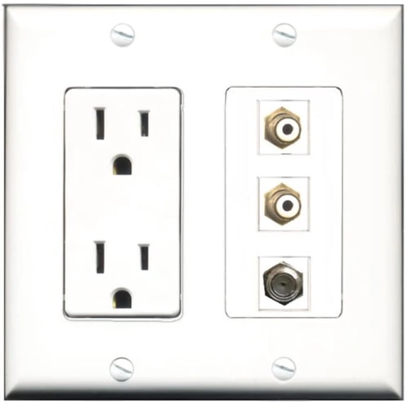 RiteAV - 15 Amp Power Outlet 2 Port RCA White 1 Port Coax Decorative Wall Plate