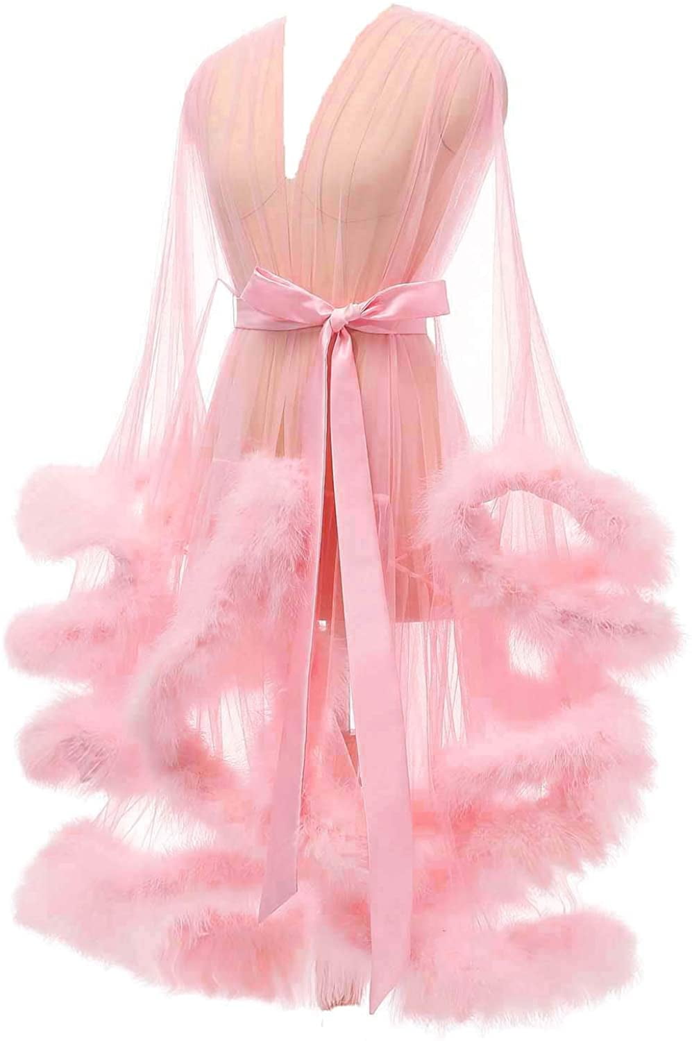 Yexinbridal Tulle Feather Robe Sexy Sheer Mesh Fur Bridal Illusion