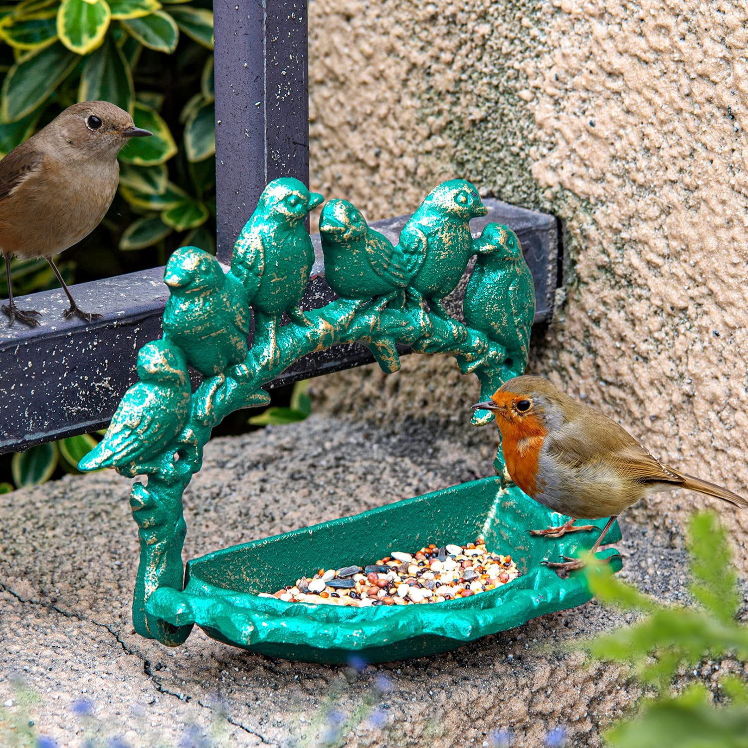 Sungmor Cast Iron Wall Mounted Bird Feeder, Cute Bird Decor Small Water Bath, Wall Hanging Fence Mount Bird Bath Feeder, Beautiful Green Birdfeeder for Garden Backyard Patio Wall Decoration