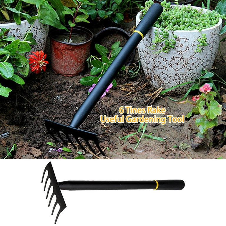 Comfortable and Sharp Garden Hand Rake 6 Tines Durable Garden Tool Metal Set Durable Small Tiller Tools