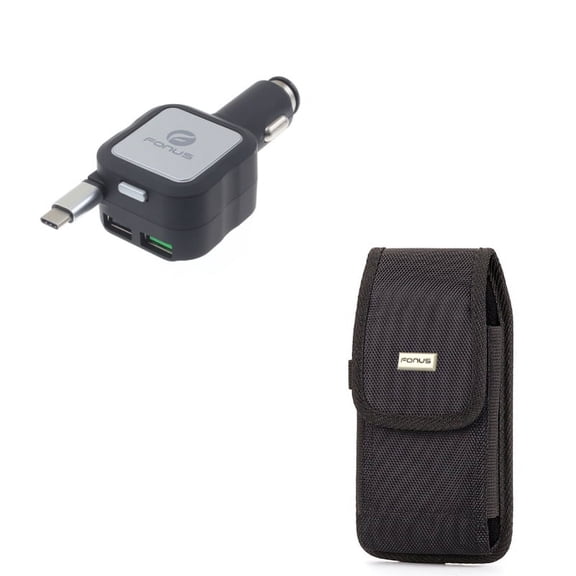 Rugged Canvas Case Vertical w Retractable 4.8Amp Type-C Car Plug-in Charger 2-Port USB X3E Compatible With Google Pixel 3a XL