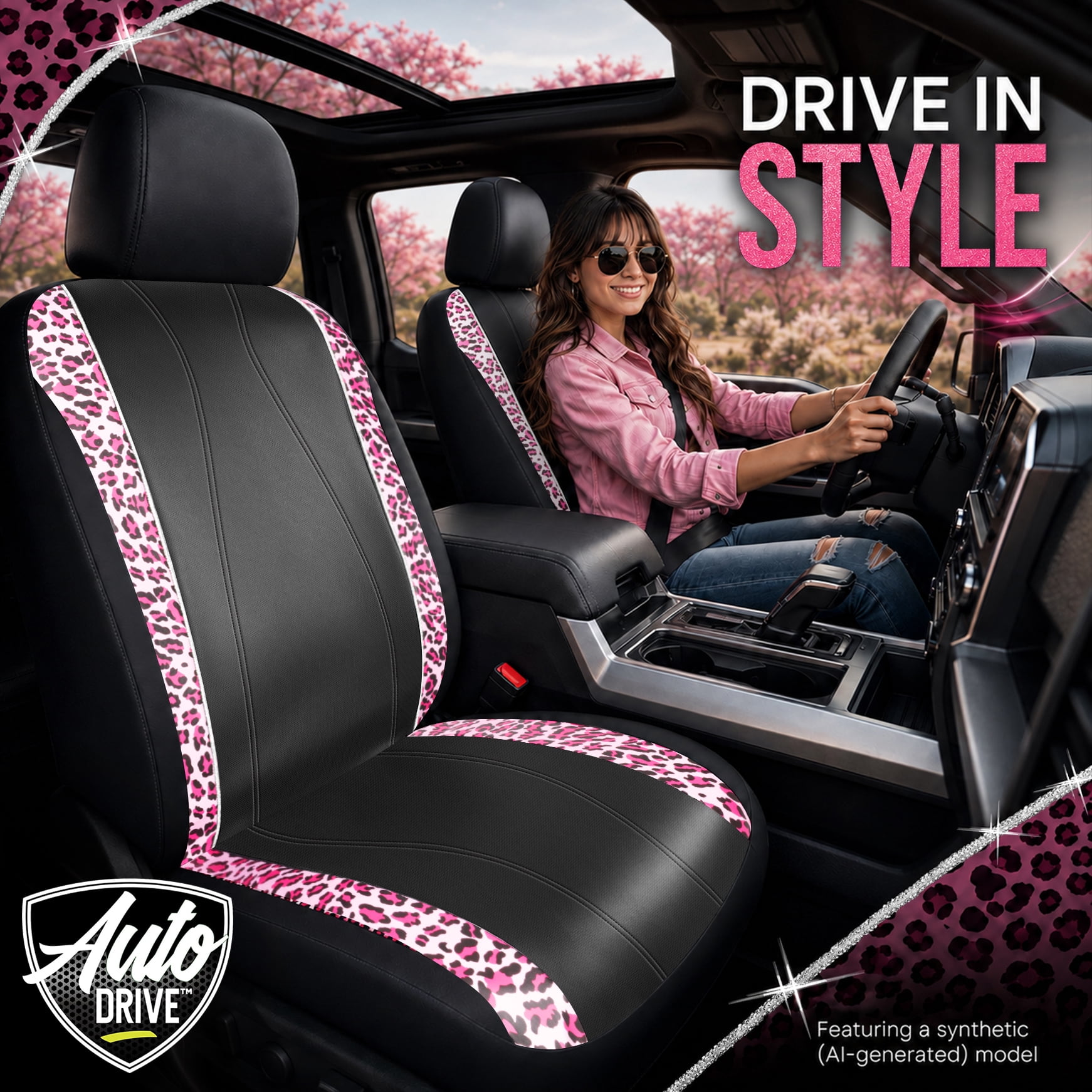 Auto Drive Car Seat Covers, Pink Leopard Print Car Seat Covers with Rhinestone Trim, Fashion Front Seat Covers, Universal Fit, Airbag Compatible for Cars, SUVs and Trucks.