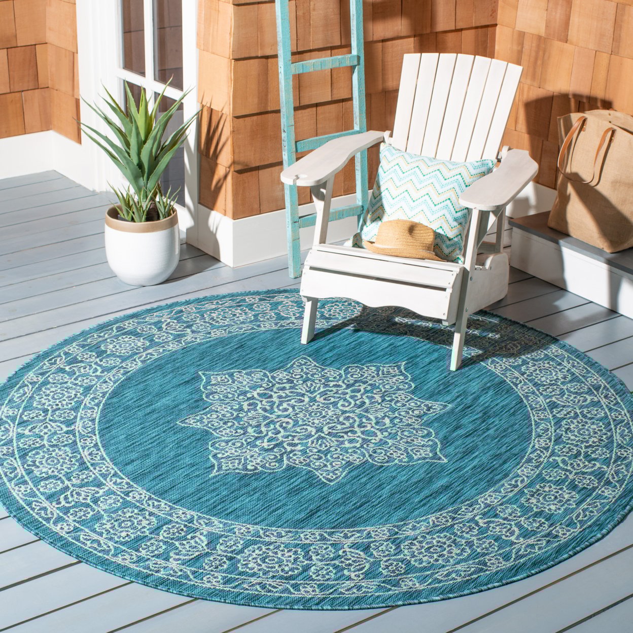 thumbnail image 2 of SAFAVIEH Courtyard Delbet Distressed Medallion Indoor/Outdoor Runner, 2'3" x 8', Teal/Ivory, 2 of 10