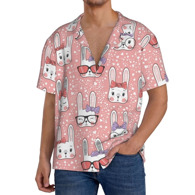 Balery Girl Rabbit Camisa Casual de Manga Corta con Botones para Hombre, Texturizada, Estilo Cubano, para Playa, Verano-X-Large