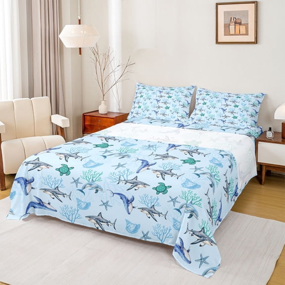 jejeloiu Watercolor Shark Turtle Bed Sheets,Ocean Pattern Full Size Sheets For Boys,Light Blue,4 Pieces,1 Flat Sheet, 1 Fitted Sheet and 2 Pillowcases