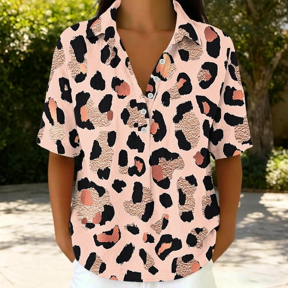 ClodeEU Women's Collared Print Short Sleeve V Neck Blouse,Casual Loose Fit Top Pink,Women's Plus L