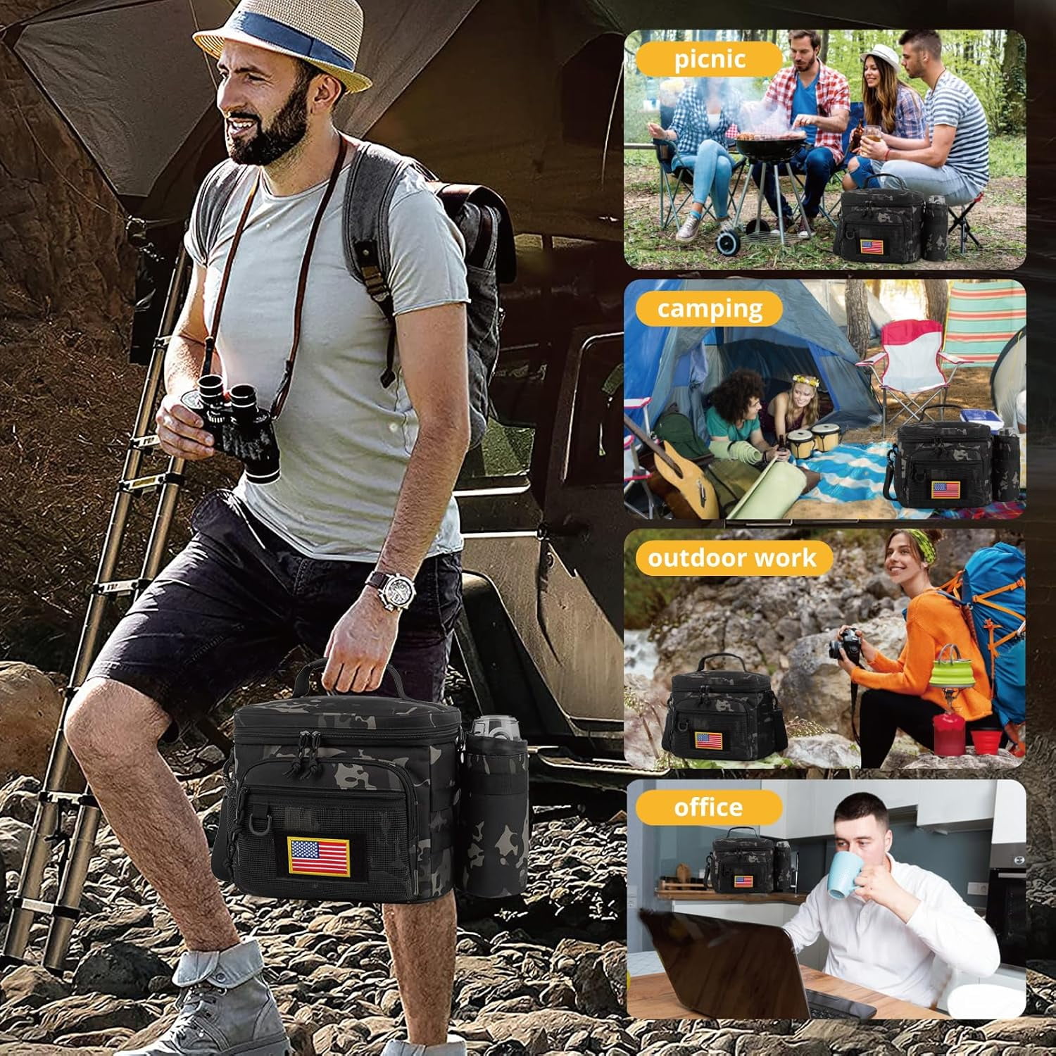Reusable Lunch Bag for Men/Women - Insulated Lunch Box Leakproof Lunch Pail Freezable with Adjustable Shoulder Strap,Lunch Cooler Bag for Work Office Picnic Beach，Black Camo