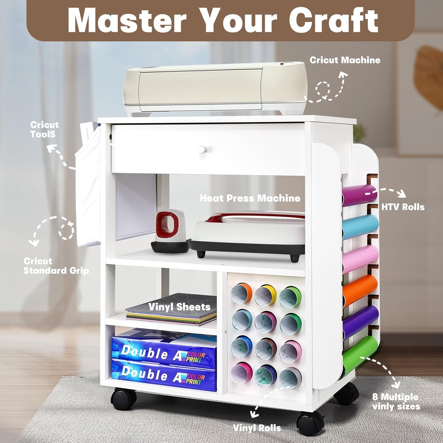 POCHAR Craft Storage Rolling Cart with 18 Vinyl Roll Holder and Drawer for Cricut Craft Workstation