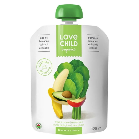 Purée pommes, bananes, épinards + avocat Superblends Love Child Organics, 128 ml, sachet