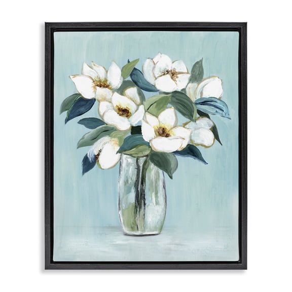 Stupell Industries Traditional Magnolia Blossoms on Blue Black Floating Frame Canvas Art, 17 x 21, by Janet Tava