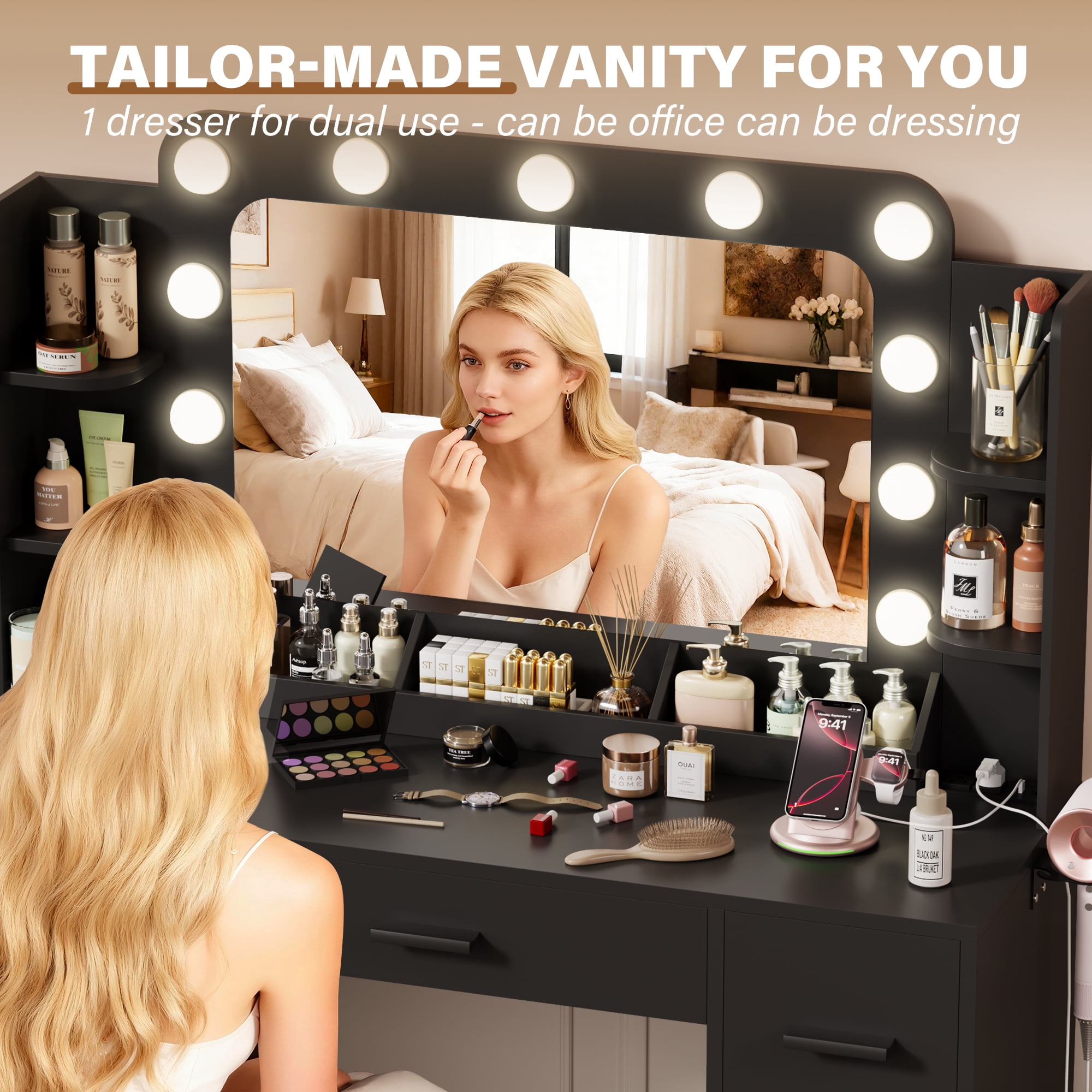 Lacoo Vanity Desk with Mirror & Lights, Makeup Vanity Set with 7 Drawers & Shelves, Vanity Table for Bedroom, Black