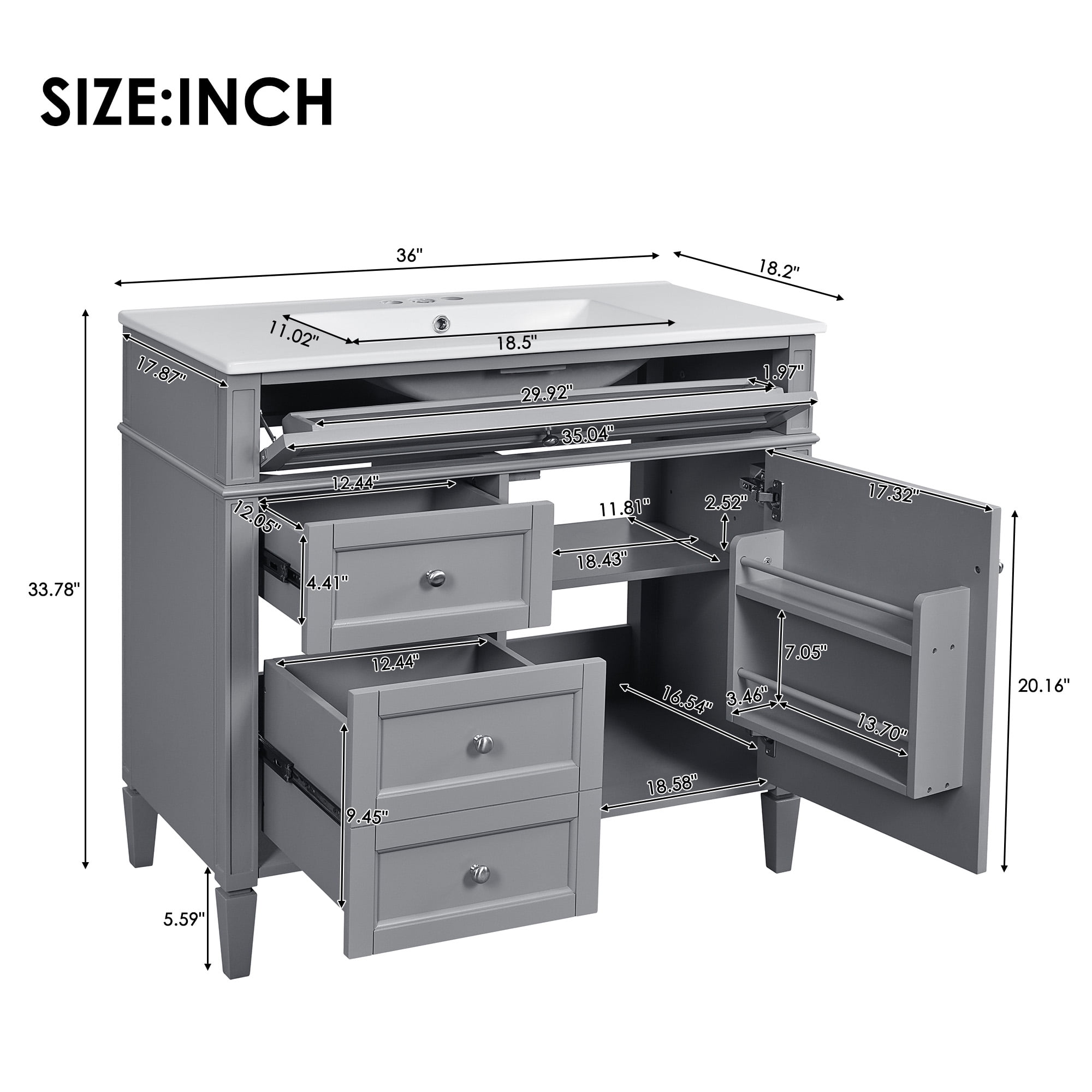 EUROCO 36'' Bathroom Vanity with Sink, Modern Bathroom Storage Cabinet with 2 Drawers and a Tip-out Drawer, Freestanding Bathroom Dresser, Gray