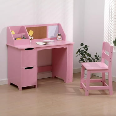 Garvee Kids Study Desk and Chair Set, Wooden School Learning Table with Storage, Kigs Writing Desk with Hutch and Bulletin Board, Children Computer Desk with Chair, Small Toddler Desk for Home, Pink