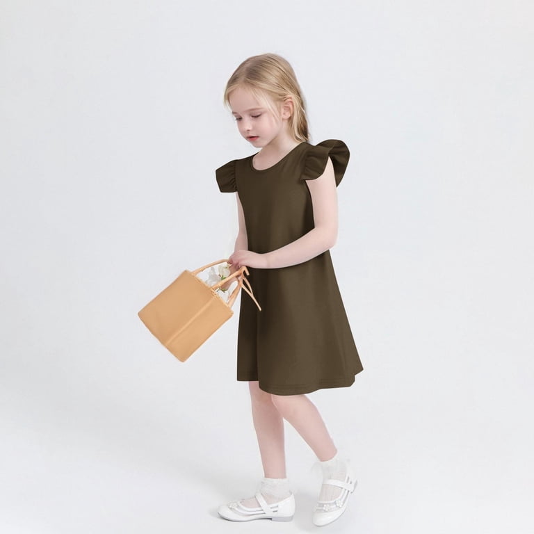 Child Girls Ruffle Dress Solid Color A-Line Flowy Skater Dress Summer  Cotton Sleeveless Dress Midi Sundress Girls Plus Size Dress Brown 11Y