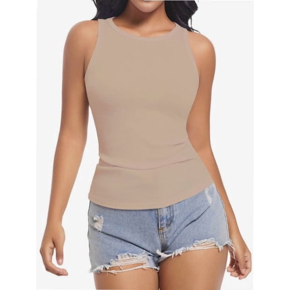 Women's Crewneck Racerback Ribbed Tank Tops Summer Basic High Neck Sleeveless Slim Fit Crop Tops