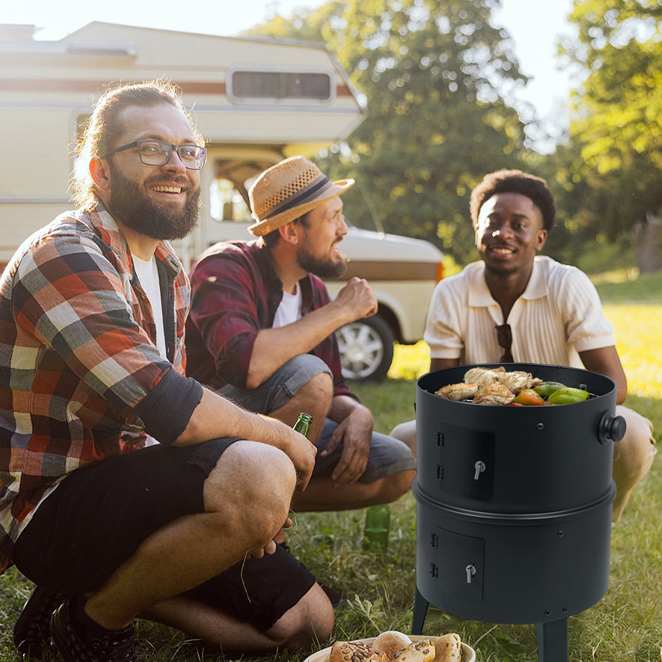 Linsen-outdoors Stainless Steel Vertical Charcoal BBQ Smoker: Versatile 3-in-1 Grill for Smoking, Roasting, and Barbecuing in Your Backyard or Outdoors