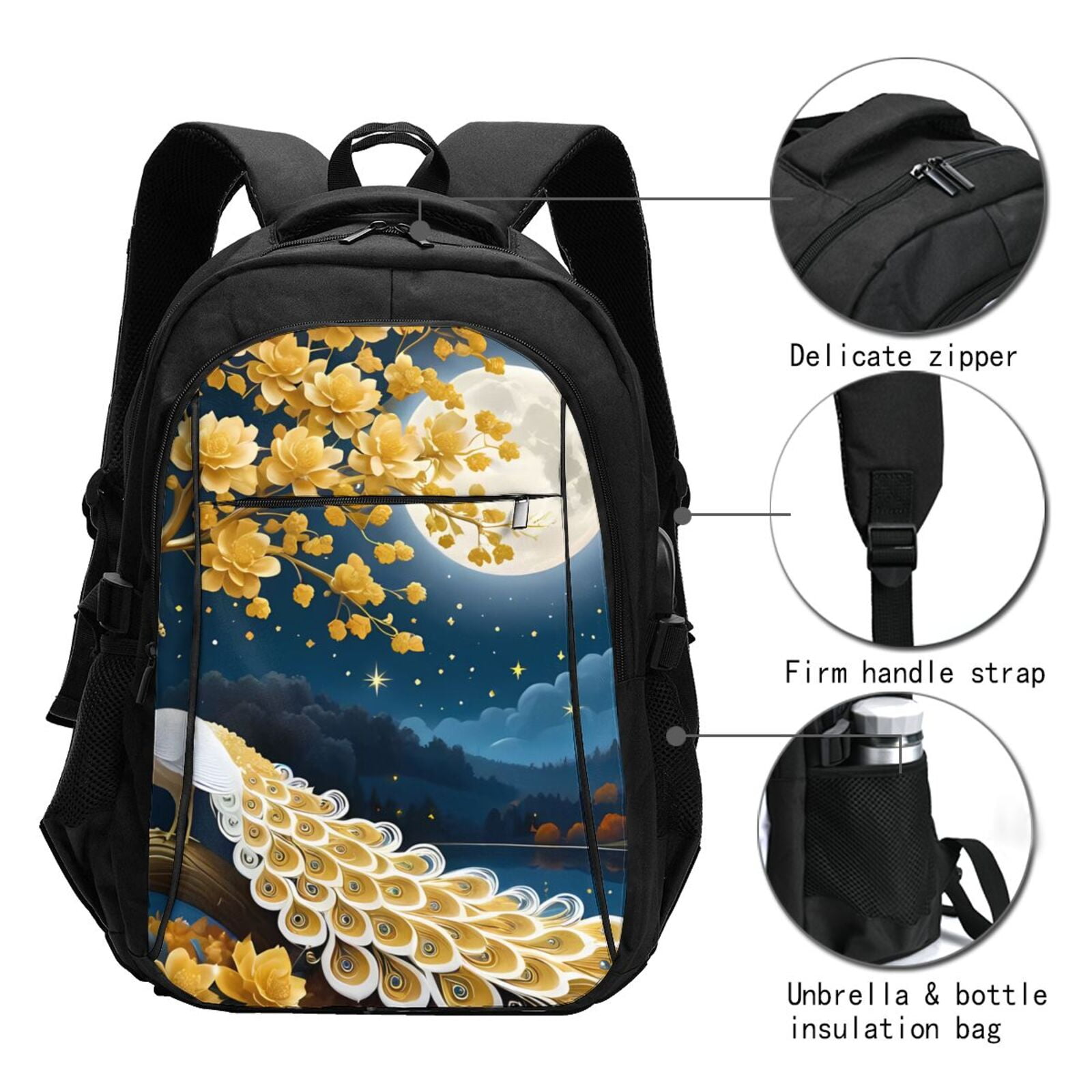 Vsdgher Moonlit Golden Tree Peacock Print Travel Laptop Backpack, Laptops Backpack with USB Charging Port, Water Resistant Computer Bag Gift for Men & Women
