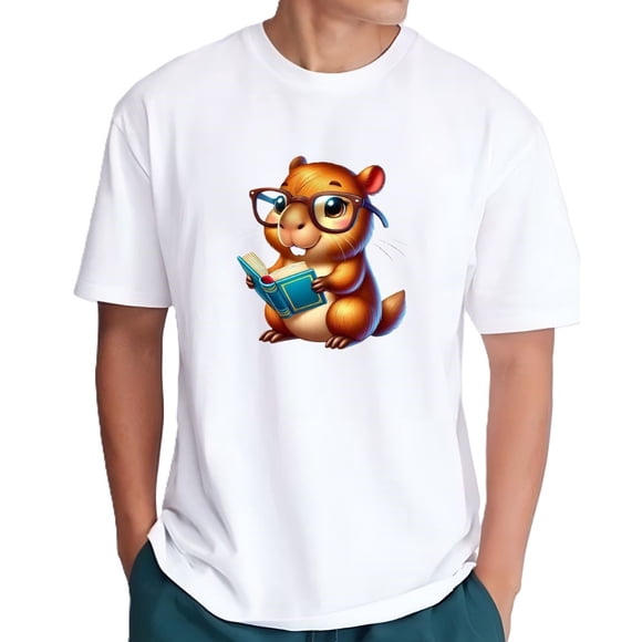 Playera Blanca Camiseta Unisex Estampada Capibara con Lentes