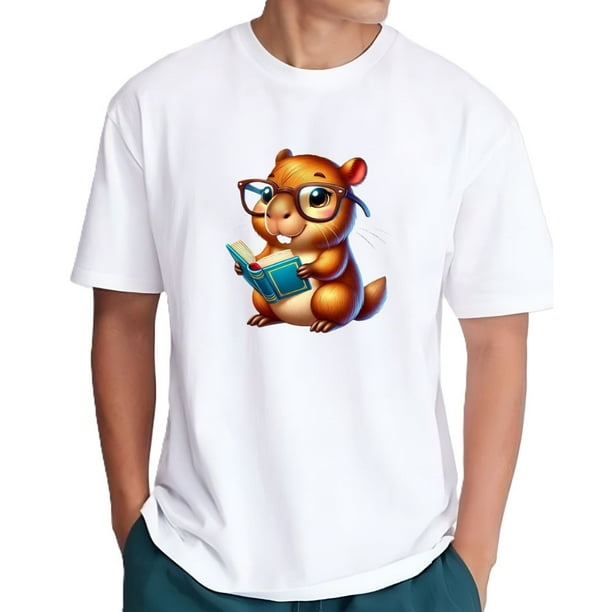 Playera Blanca Camiseta Unisex Estampada Capibara con Lentes