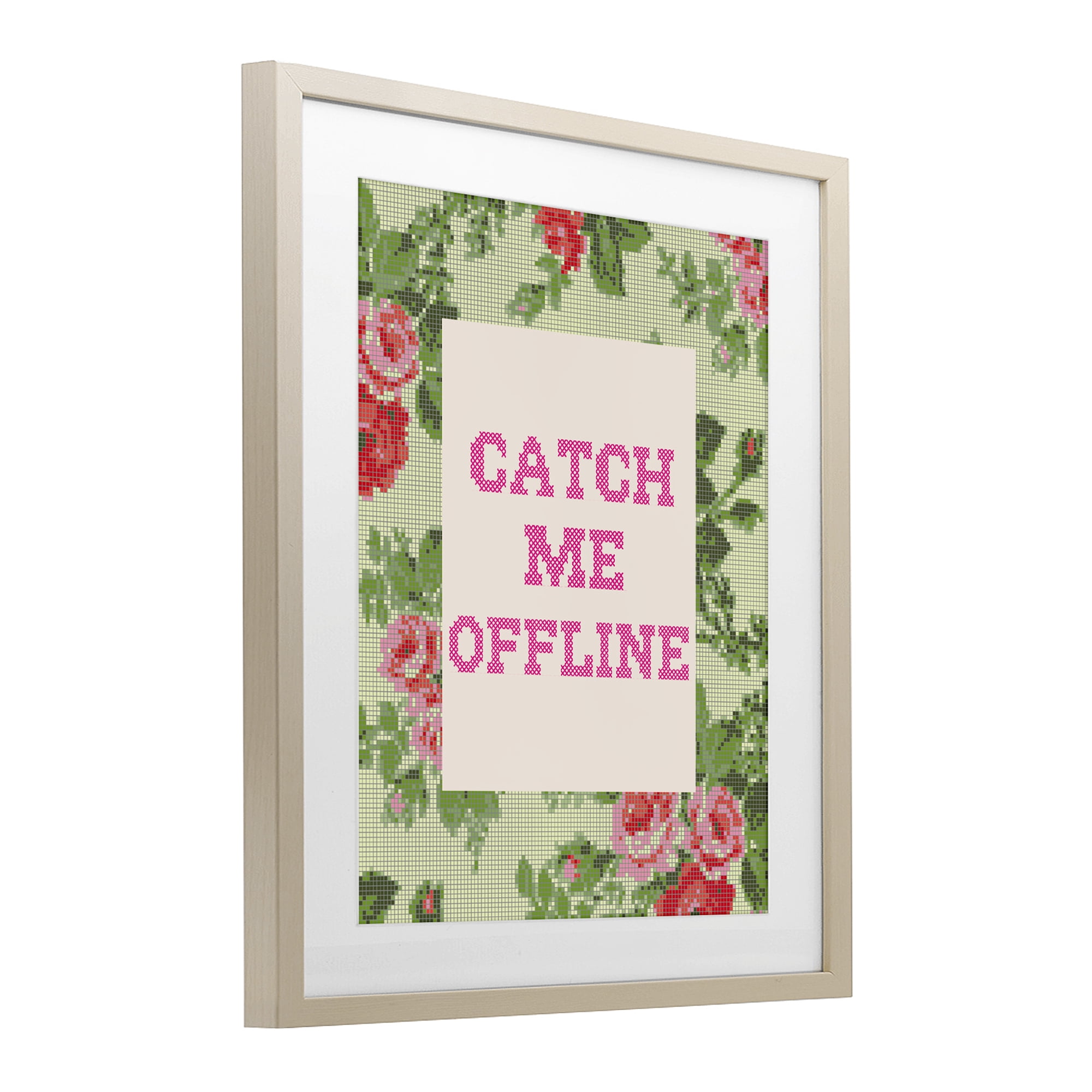 Stupell Industries Catch Me Offline Faux Cross Stitch Birch Framed Print Under Glass, design by Lil' Rue